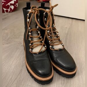 Marc Fisher Black Leather Lace-Up Lug Boots with Tan Accents